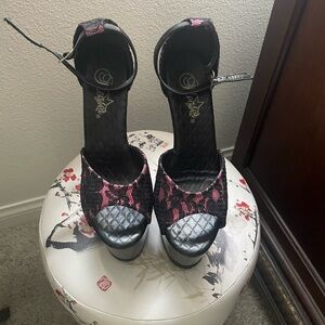 Pleaser Black and Pink Stiletto Heels with Ankle Strap